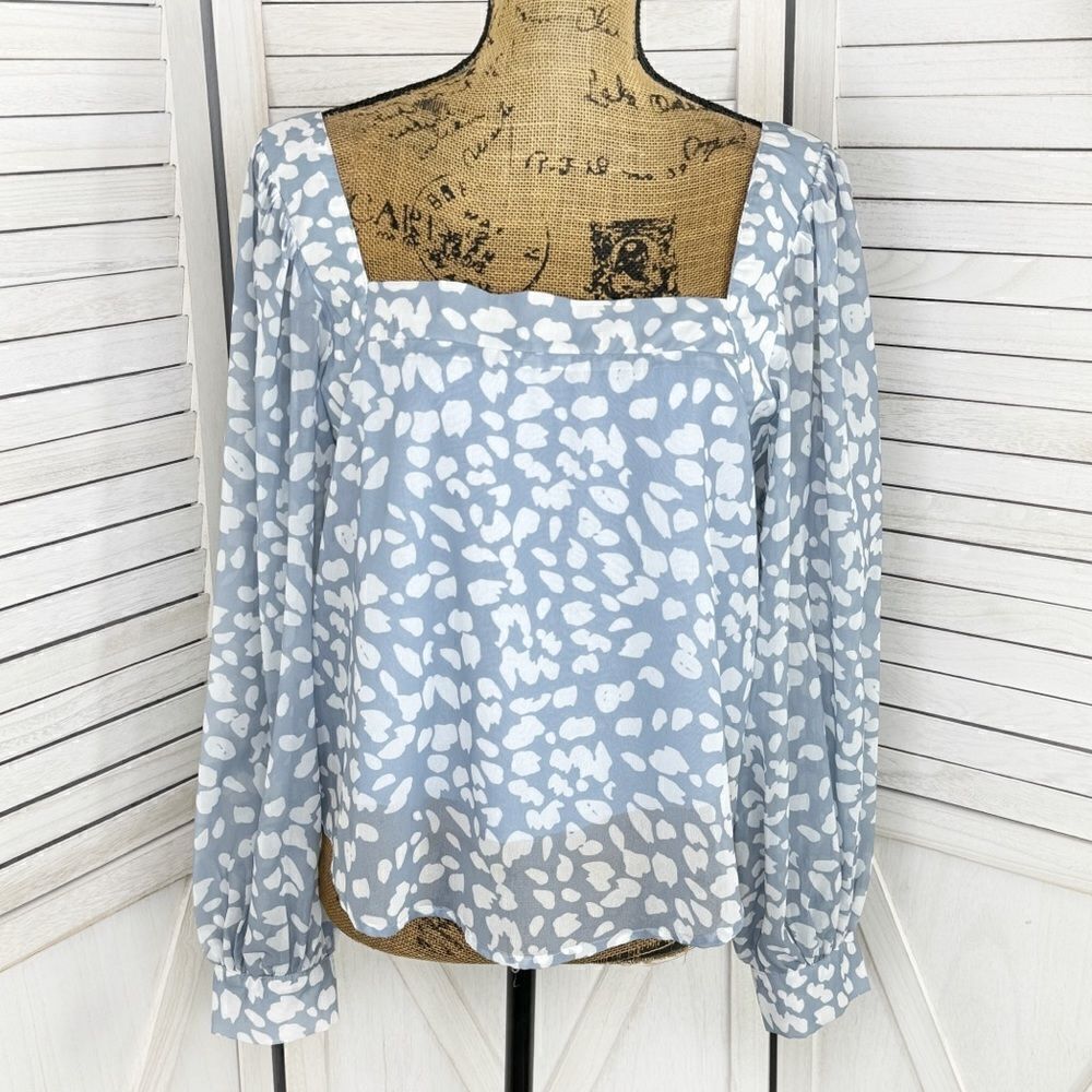 Lucca Petal Print Square‎ Neck Crop Blouse Blue White Large Long Balloon Sleeve